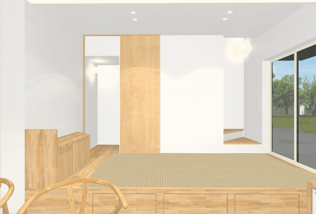 新築・注文住宅・リフォームなら鳥取県米子市の地元工務店、小田原工務店にお任せください。S様邸268完成予想図、リビングの写真。