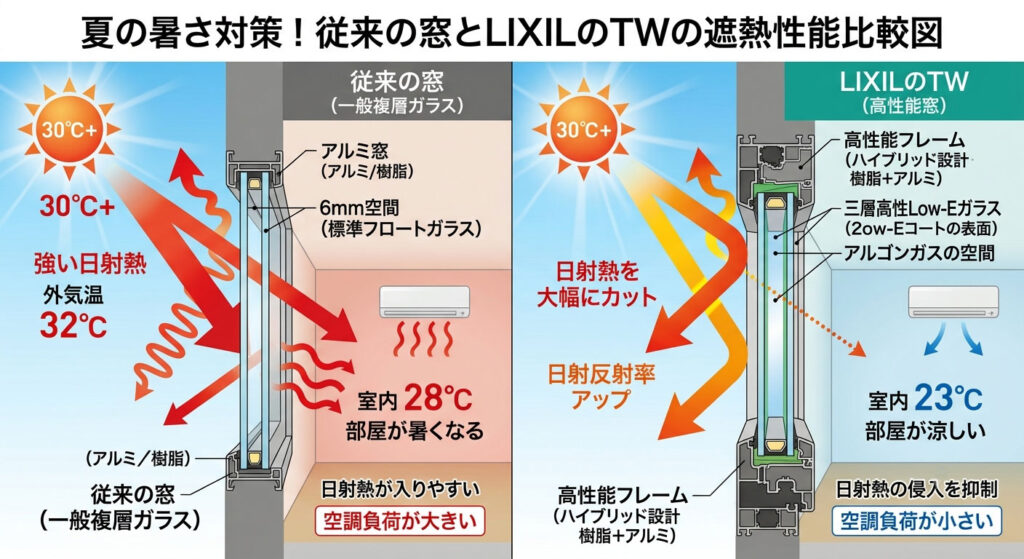 従来の窓と米子市にある小田原工務店が採用しているLIXILのTWの遮熱性についての比較画像。